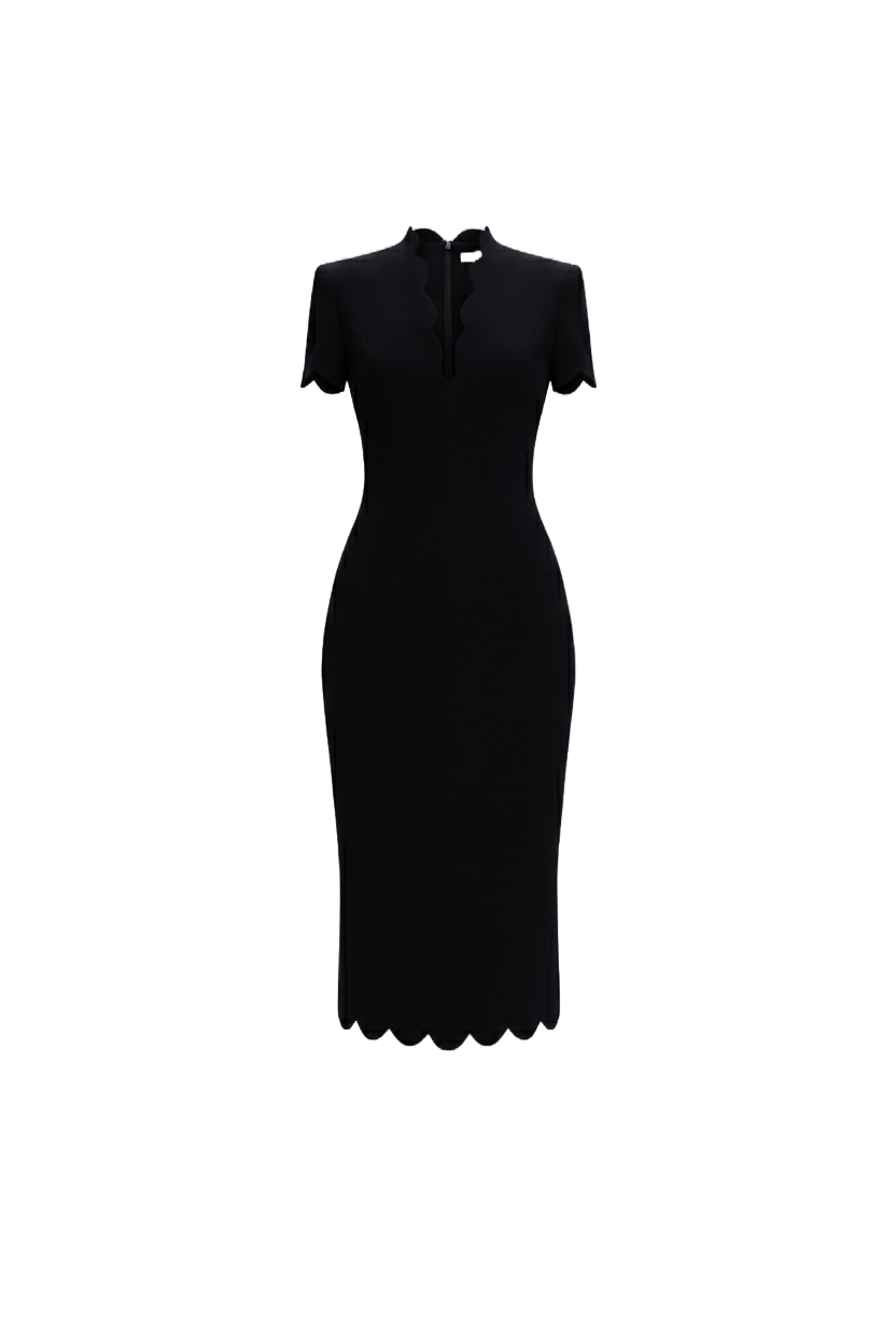 PLUNGING SCALLOPED CREPE DRESS