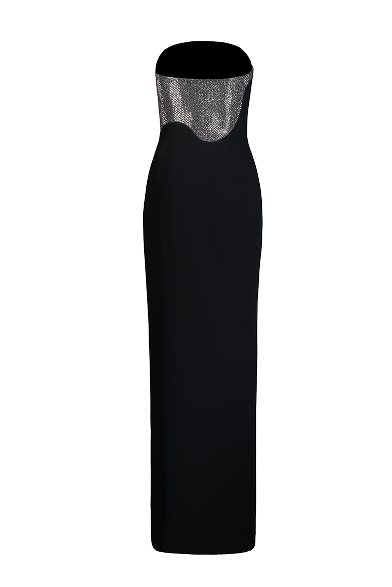 DRIPPING BEJEWELED STRAPLESS CREPE DRESS