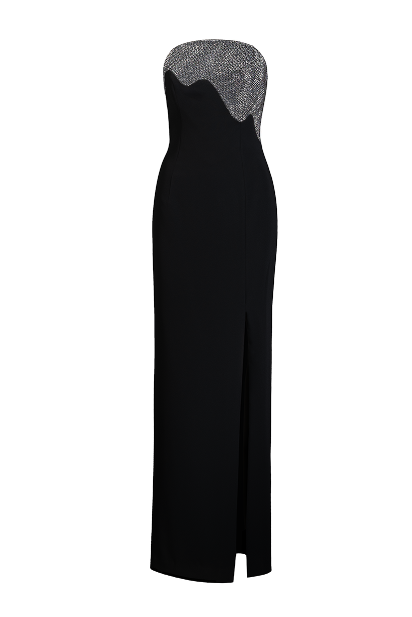 DRIPPING BEJEWELED STRAPLESS CREPE DRESS