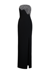 DRIPPING BEJEWELED STRAPLESS CREPE DRESS