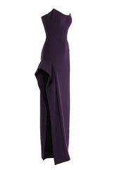 CAT EYE STRAPLESS GOWN WITH OPEN RUFFLE SLIT