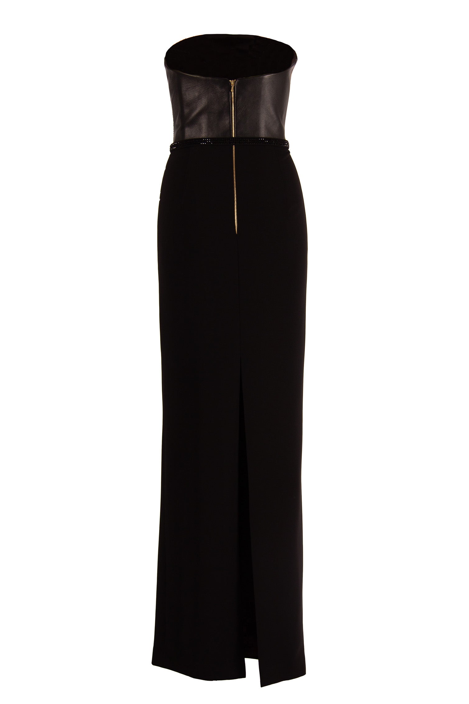 STRAPLESS LEOPARD CRYSTAL GOWN WITH LEATHER BACK