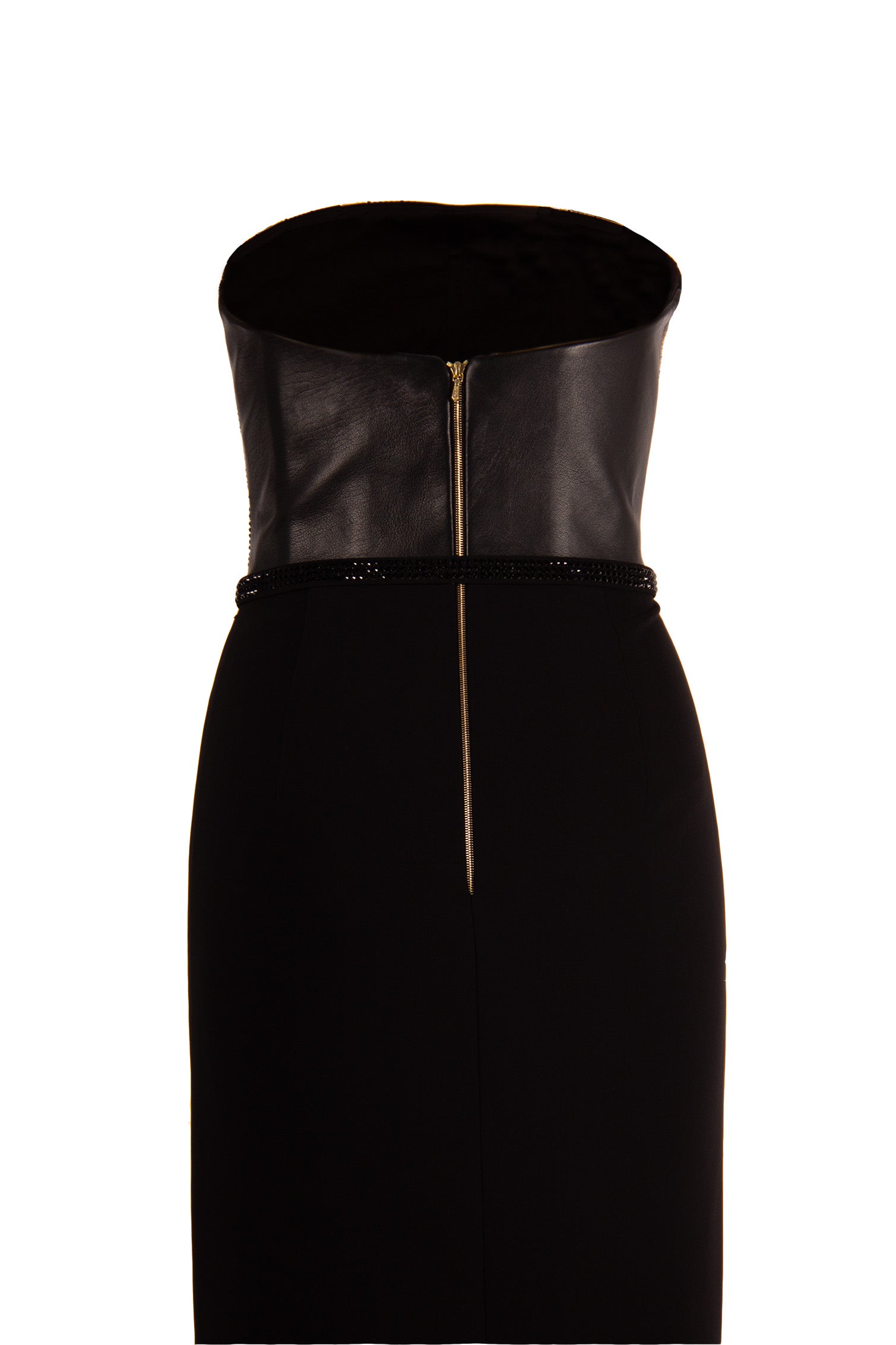 STRAPLESS LEOPARD CRYSTAL GOWN WITH LEATHER BACK
