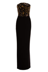 STRAPLESS LEOPARD CRYSTAL GOWN WITH LEATHER BACK