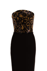 STRAPLESS LEOPARD CRYSTAL GOWN WITH LEATHER BACK