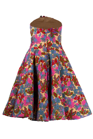 STRAPLESS EMBROIDERED FLORAL DRESS WITH CRYSTAL DETAIL