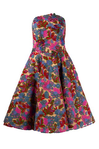 STRAPLESS EMBROIDERED FLORAL DRESS WITH CRYSTAL DETAIL
