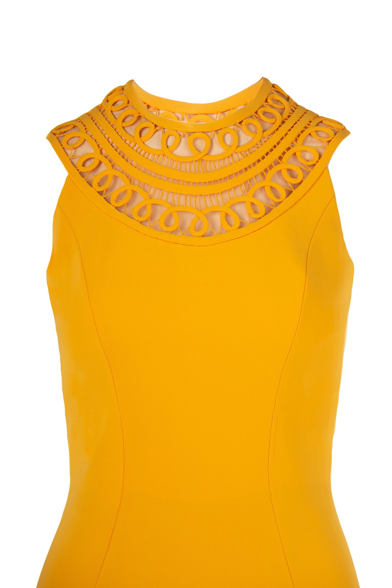 CREPE A-LINE GOWN WITH MACRAME NECKLINE