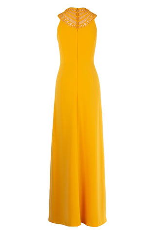 CREPE A-LINE GOWN WITH MACRAME NECKLINE