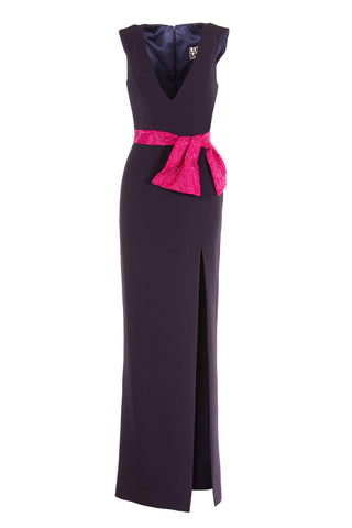 DEEP V-NECK GOWN WITH SIDE SLIT AND CRYSTAL BOW BELT