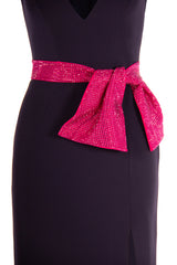 DEEP V-NECK GOWN WITH SIDE SLIT AND CRYSTAL BOW BELT