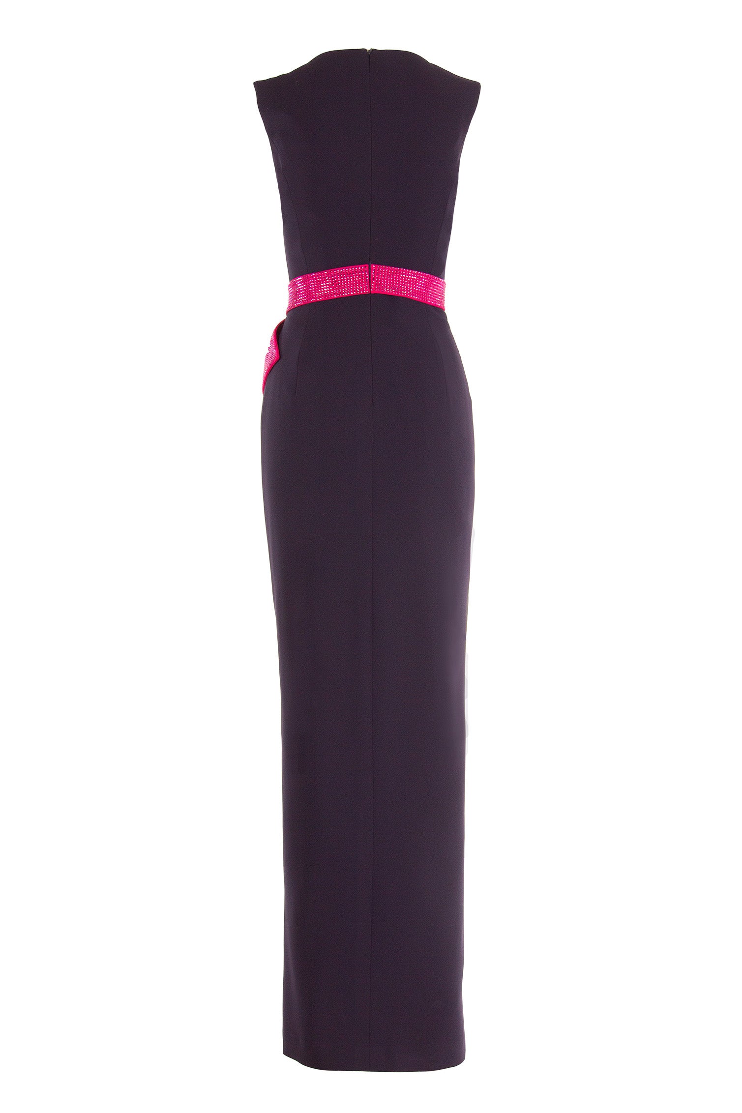 DEEP V-NECK GOWN WITH SIDE SLIT AND CRYSTAL BOW BELT