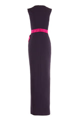 DEEP V-NECK GOWN WITH SIDE SLIT AND CRYSTAL BOW BELT