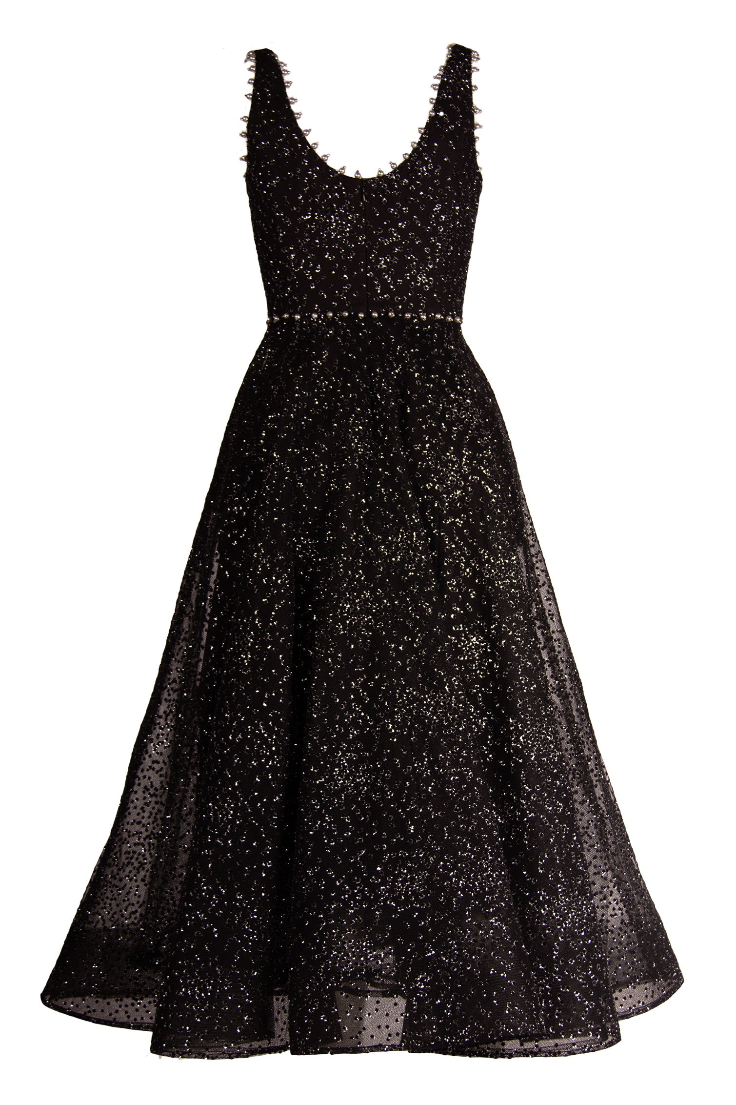 SCOOP NECK FIT AND FLARE DRESS WITH PEARL DETAIL