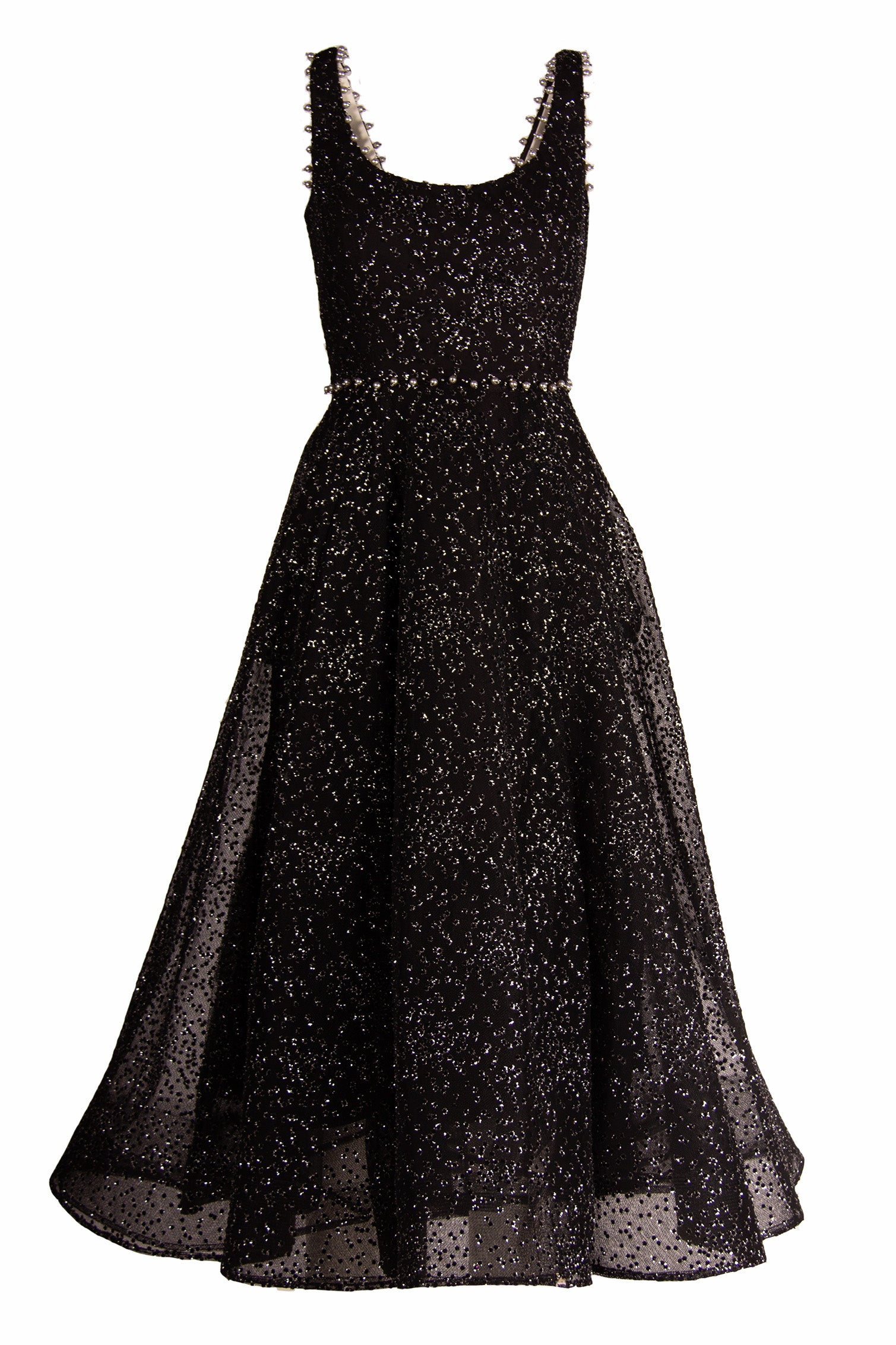 SCOOP NECK FIT AND FLARE DRESS WITH PEARL DETAIL