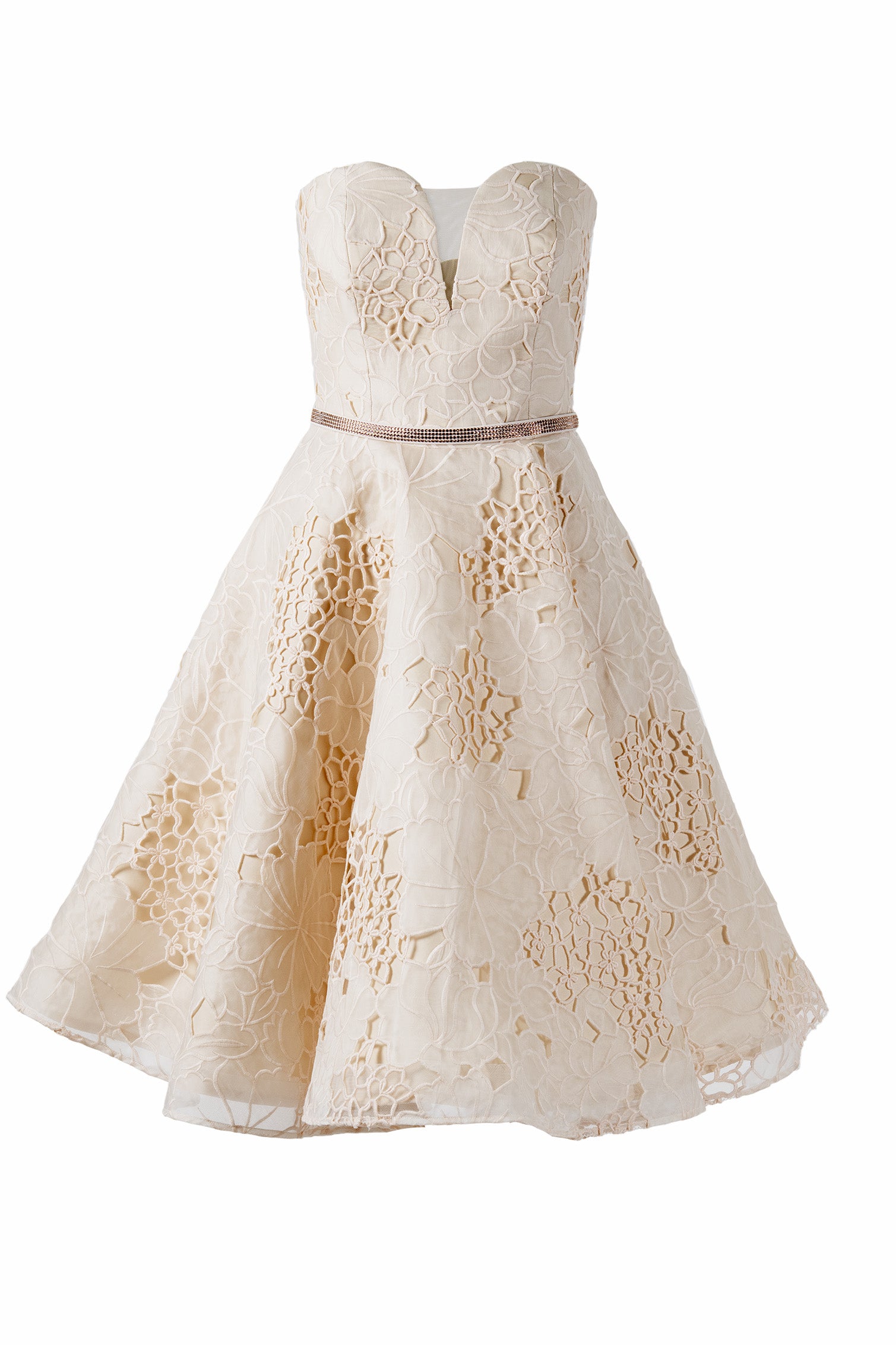 STRAPLESS FIT AND FLARE AUDREY IN CUT-OUT EMBROIDERY