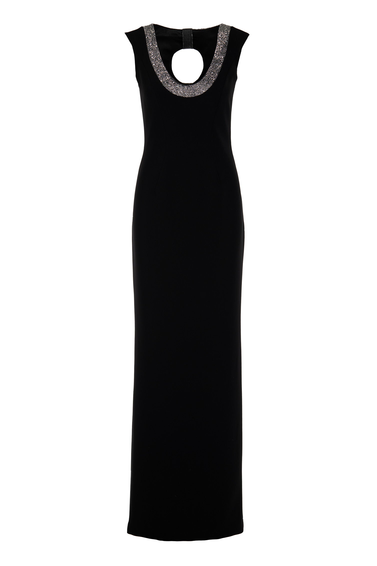 DEEP SCOOP NECK CREPE GOWN WITH CRYSTAL DETAIL