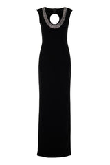 DEEP SCOOP NECK CREPE GOWN WITH CRYSTAL DETAIL