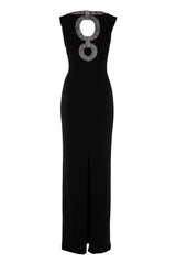 DEEP SCOOP NECK CREPE GOWN WITH CRYSTAL DETAIL
