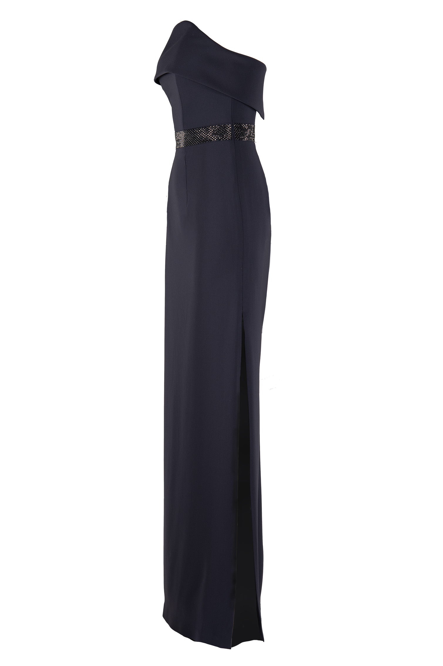 CREPE FOLD OVER GOWN WITH CRYSTAL BELT DETAIL