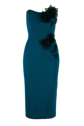 STRAPLESS DRESS WITH SILK FLORAL APPLIQUES