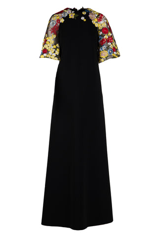 A-LINE CREPE SHIFT GOWN WITH CONTRAST EMBROIDERY