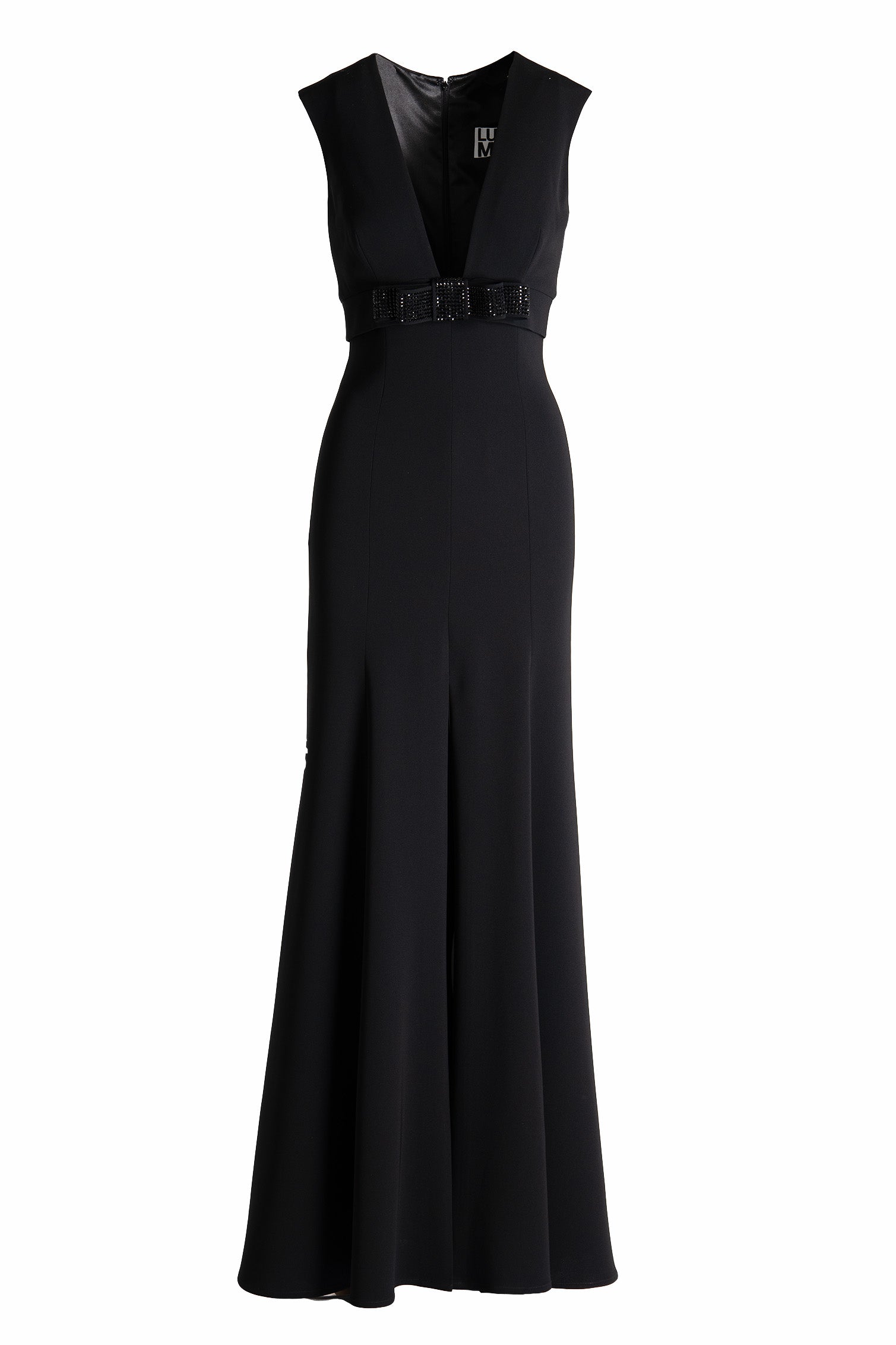 V-NECK CREPE GOWN WITH CRYSTAL BOW BELT