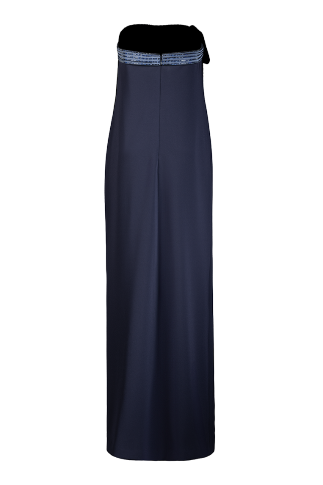 STRAPLESS SHIFT GOWN WITH DRAPED BOW