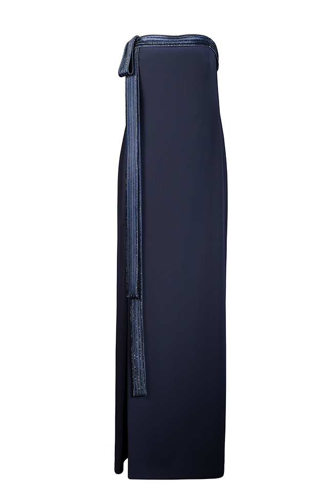 STRAPLESS SHIFT GOWN WITH DRAPED BOW