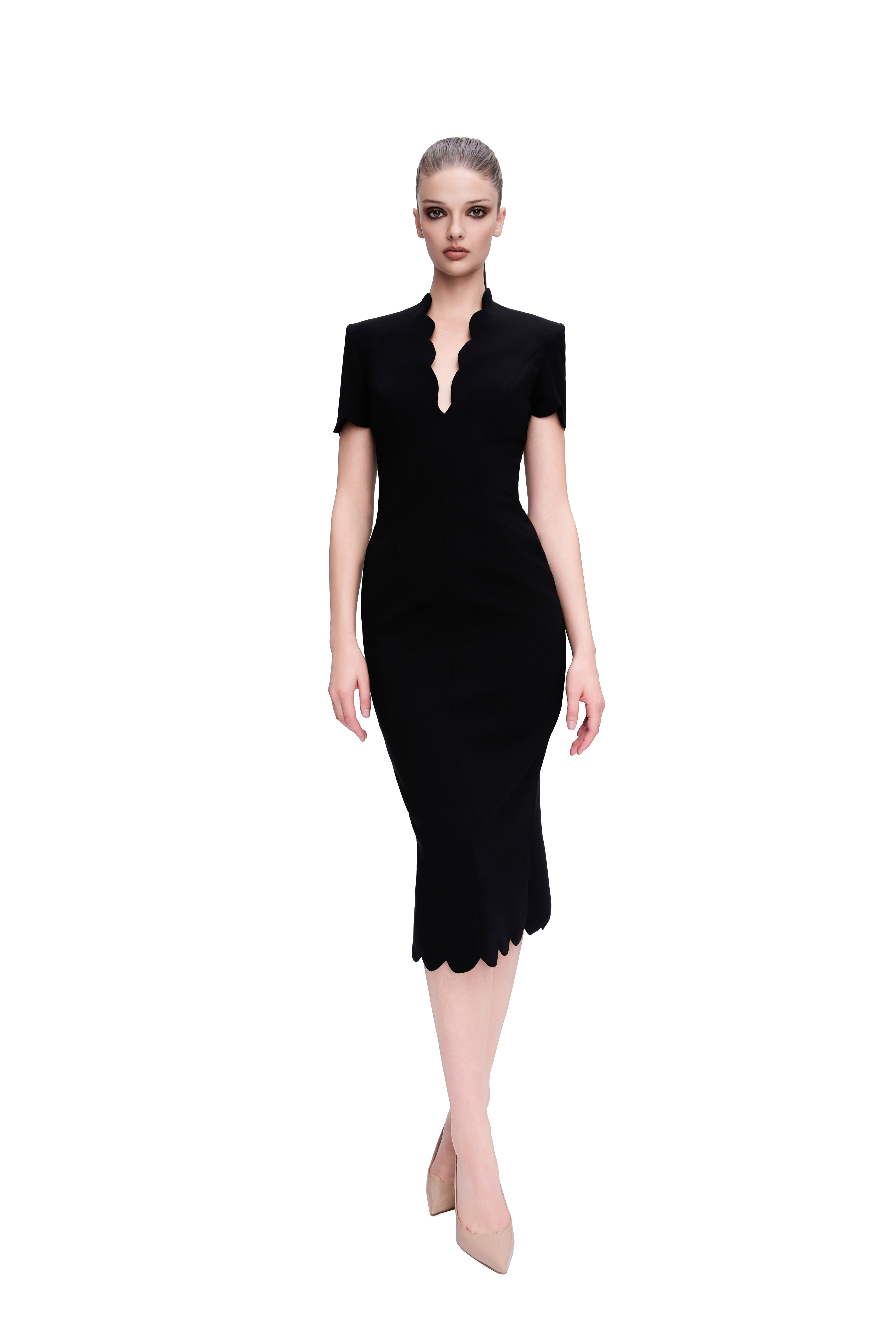 PLUNGING SCALLOPED CREPE DRESS