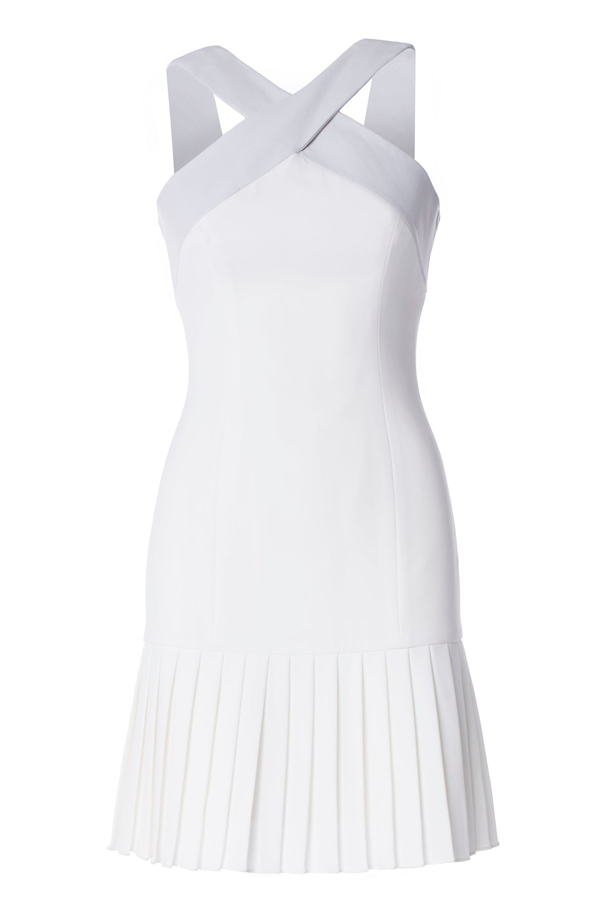 CROSS NECK LEATHER HALTER DRESS WITH GLADIATOR SKIRT