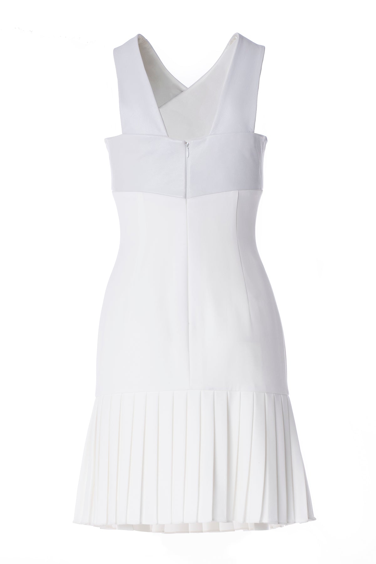 CROSS NECK LEATHER HALTER DRESS WITH GLADIATOR SKIRT