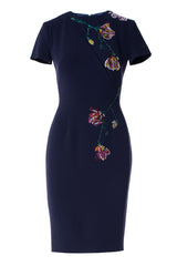 CAP SLEEVE CREPE SLIP DRESS WITH CRYSTAL APPLIQUES