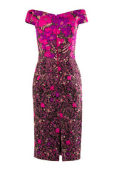 OFFSHOULDER DRESS IN FUCHSIA FLORAL BROCADE