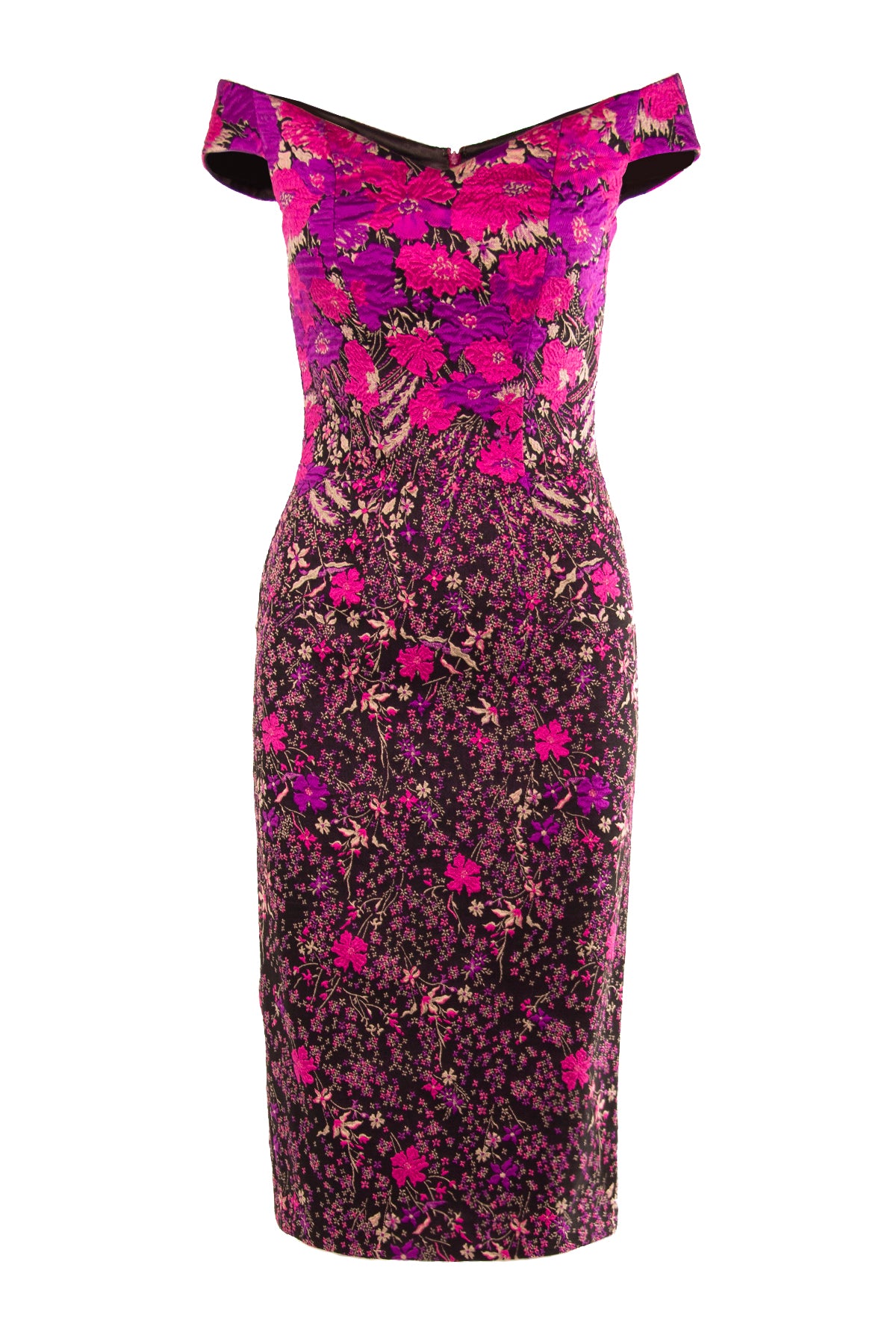OFFSHOULDER DRESS IN FUCHSIA FLORAL BROCADE