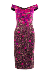 OFFSHOULDER DRESS IN FUCHSIA FLORAL BROCADE