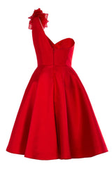 ONE-SHOULDER, SILK WOOL A-LINE COCKTAIL DRESS WITH ORGANZA FLOWERS