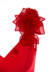 ONE-SHOULDER, SILK WOOL A-LINE COCKTAIL DRESS WITH ORGANZA FLOWERS