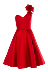 ONE-SHOULDER, SILK WOOL A-LINE COCKTAIL DRESS WITH ORGANZA FLOWERS