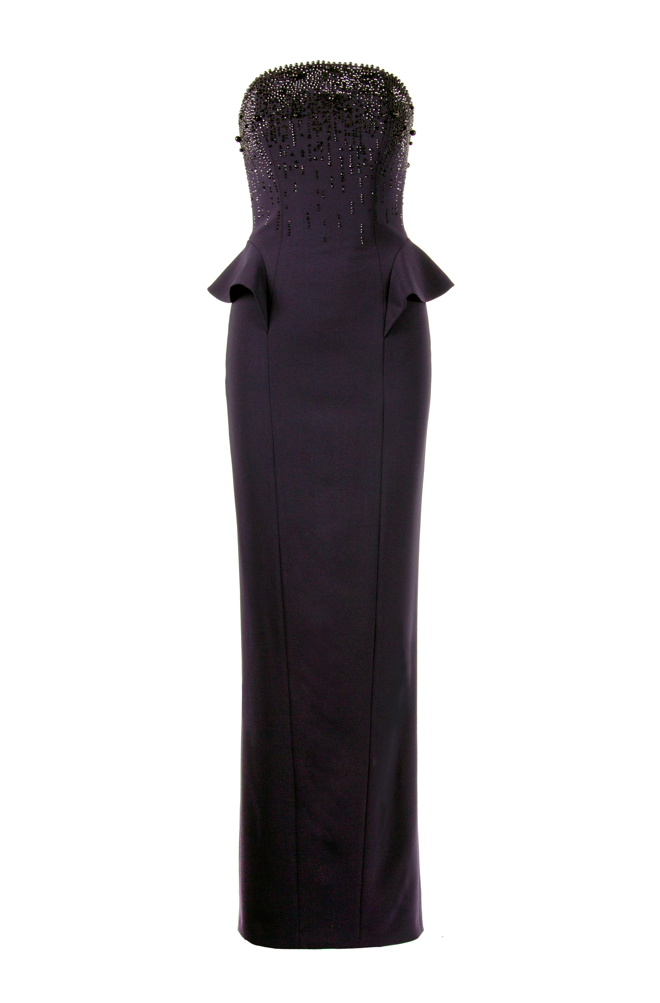 STRAPLESS GOWN WITH CASCADE BEADING AND SIDE PEPLUM