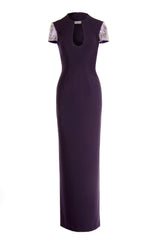CREPE KEYHOLE NECK GOWN WITH SPARKLING SLEEVES