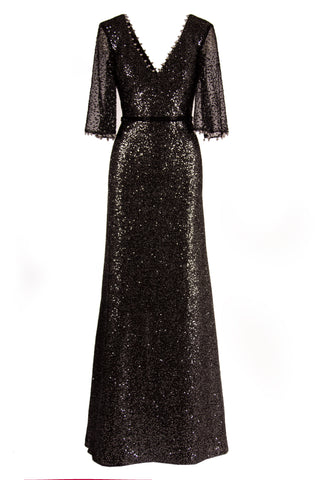 SEQUIN A-LINE V-NECK GOWN WITH FLUTTER SLEEVE