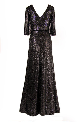 SEQUIN A-LINE V-NECK GOWN WITH FLUTTER SLEEVE