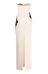 CREPE STRAPLESS GOWN WITH CRYSTAL FLORAL APPLIQUES