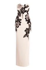 CREPE STRAPLESS GOWN WITH CRYSTAL FLORAL APPLIQUES