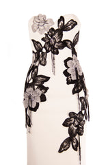 CREPE STRAPLESS GOWN WITH CRYSTAL FLORAL APPLIQUES