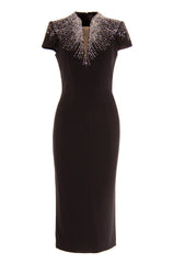 CRYSTAL EMBELLISHED PLUNGING V-NECK CREPE DRESS