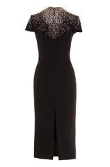 CRYSTAL EMBELLISHED PLUNGING V-NECK CREPE DRESS