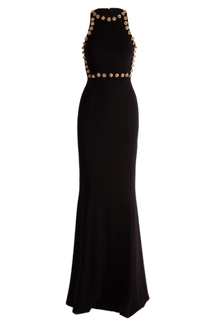 CREPE HALTER GOWN WITH BEAD DETAIL