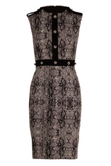PYTHON BROCADE DRESS WITH MILITARY FLAPS AND BEADING